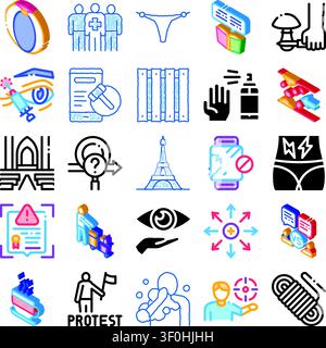 Set of diverse isolated conceptual vector icons depicting themes such as healthcare, surveillance, protest, travel, law, and personal well being, suit Stock Vector