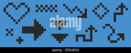 Retro pixel art arrow icons in 8 bit arcade style Y2K. Interface icon set. Geometric play buttons and retro game cursors. Trendy digital collection. Vector illustration Stock Vector