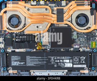 Bucharest, Romania - 05.01.2024: The insides of the new MSI laptop. Stock Photo