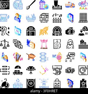 Big collection of various flat and isometric line icons illustrating themes like business, technology, social issues, ecology, health, and education f Stock Vector