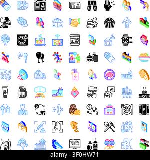 Set of assorted glyph, outline, flat and isometric icons representing business, digital services, healthcare, food, travel and everyday concepts on a Stock Vector
