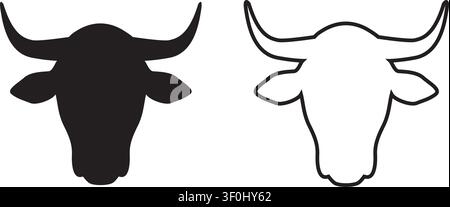 Black Bull Head Silhouette and Minimal Line Art Logo Icon Set Stock Vector
