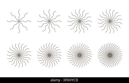 Radial sun symbol with flowing spiral rays forms striking graphic element ideal for yoga branding, boho summer designs and minimalist geometric Stock Vector