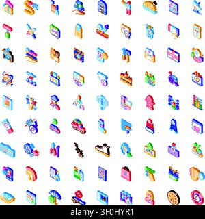 Collection of colorful isometric icons illustrating various concepts from business, finance, technology, communication, and social services, ideal for Stock Vector