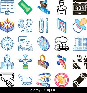 Variety of isometric hand drawn style icons illustrating concepts from health, technology, sports, medicine, urban life, and industry in a creative gr Stock Vector