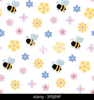 Fying cute honeybees and diverse cartoon flowers in a mix of yellow, blue, and pink pastel colors seamless pattern, hand drawn simple repeat ornament for kids design, textile, fabric Stock Vector