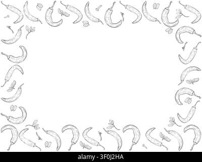 Chili peppers and herb leaves forming a hand drawn rectangular frame. Botanical spice border with empty center Stock Vector