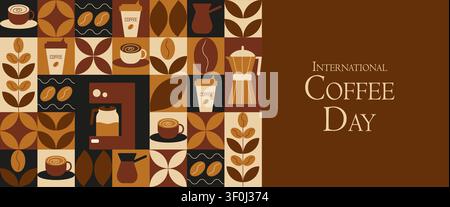 Coffee geometric posters in minimal retro style. International coffee day concept. Ideal for coffee shop,bakery,branding,decoration,cover design, decorative print, background. Vector Stock Vector