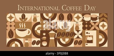 Coffee geometric posters in minimal retro style. International coffee day concept. Ideal for coffee shop,bakery,branding,decoration,cover design, decorative print, background. Vector Stock Vector