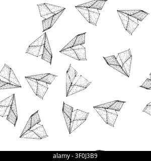seamless pattern throw paper plane hand drawn. model craft, aerodynamics competition, distance altitude throw paper plane black sketch illustration Stock Vector