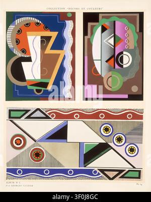 Collection Décors et Couleurs (Album No. 1, Plate 14), ca. 1830, by Georges Valmier. Pochoir on paper, Art Deco abstract print featuring a composite arrangement of two vertical panels filled with stylized vases and geometric motifs over a horizontal borders strip containing triangular elements, waves, and circular patterns Stock Photo