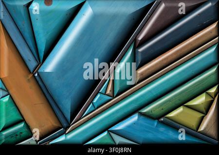 Teal green textured metal or wooden shutter surface with vertical geometric panels, beveled edges, and realistic weathering with subtle spray paint de Stock Photo