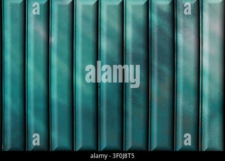 Teal green textured metal shutter surface with vertical geometric panels, beveled edges, and realistic weathering with subtle spray paint details. Stock Photo