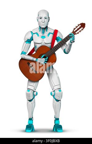 Music creation with artificial intelligence. Robot playing guitar on white background Stock Photo