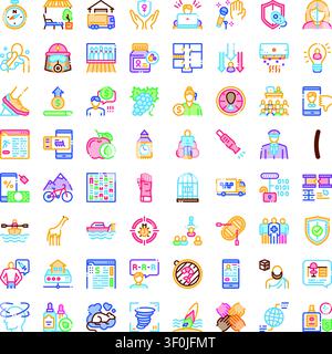 Colorful linear icon set illustrating diverse conceptstravel, health, finance, business, technology, nature, food, transport, communication, education Stock Vector