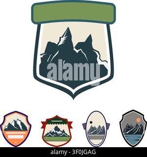 Set of minimalist mountain crest badges, ideal for travel, hiking, and nature themed logos, featuring stylish vintage inspired design elements for out Stock Vector