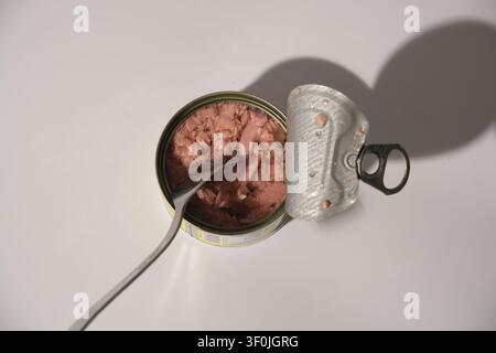 Close-up of an opened tin can of chunk light tuna in oil Stock Photo