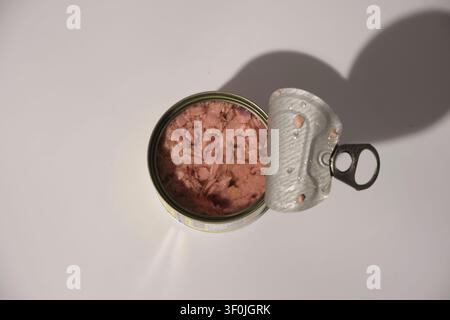 Close-up of an opened tin can of chunk light tuna in oil Stock Photo