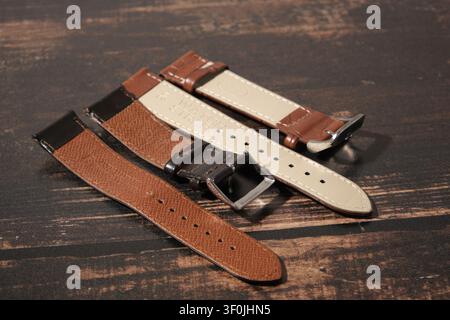 Close-up of premium genuine leather watch straps with detailed stitching Stock Photo
