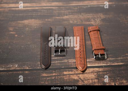 Close-up of premium genuine leather watch straps with detailed stitching Stock Photo
