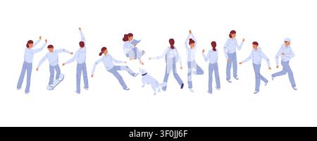 People set. Many characters in various poses. Isometric Vector illustration for crowd scenes, social networks, urban infographics. Stock Vector