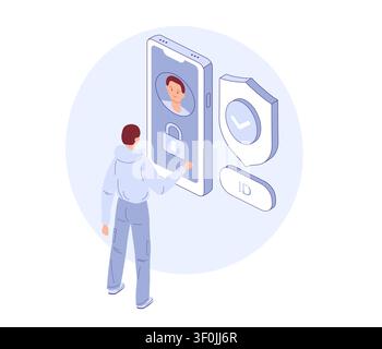 Internet security. Isometric phone and man. Protection concept. Great for cybersecurity banner, privacy poster, data safety flyer. Stock Vector