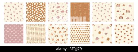 Boho baby seamless pattern set with abstract brush strokes, dots, rainbows, hearts, stars, suns, moons and clouds in soft pink and beige. Cute nursery designs for fabric, wallpaper and textile. Stock Vector
