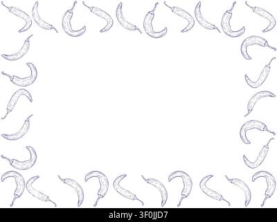 Hand drawn chili peppers forming an elegant rectangular frame. Botanical vegetable border with empty center Stock Vector