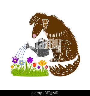 A dog waters flowers Hand drawn. Not AI, vector illustration. Stock Vector