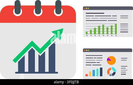 Flat vector illustration of a calendar showing upward financial growth trends alongside analytical data dashboards. Stock Vector