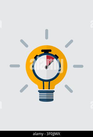 An illustration of a glowing yellow lightbulb containing a stopwatch timer, symbolizing fast thinking and innovation. Stock Vector