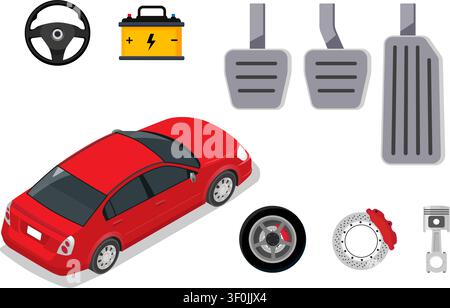 flat vector illustration of a vehicle with steering wheel, battery, pedals, tire, brake disc, and piston. Stock Vector