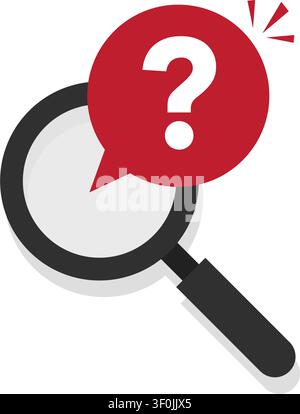 A flat vector illustration of a magnifying glass with a red question mark speech bubble symbol for investigation. Stock Vector
