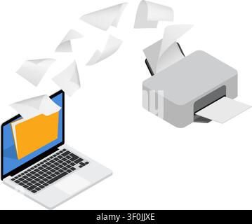An isometric illustration showing digital files and documents flying wirelessly from a laptop computer into a printer. Stock Vector