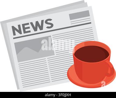 A flat illustration featuring a folded daily news paper and a reddish orange coffee mug filled with hot black coffee. Stock Vector