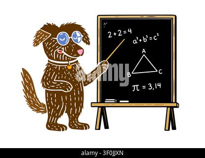 A dog teacher with a pointer at the blackboard. Back to school. Hand drawn. Not AI, vector illustration Stock Vector