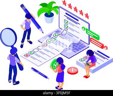 Online survey banner with isometric characters. feedback online chat. questionnaire form from laptop. survey research. landing page template. isometri Stock Vector