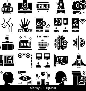 Variety of black and white glyph icons covering commerce, technology, health, science, finance, marketing and creativity for infographics, web design, Stock Vector