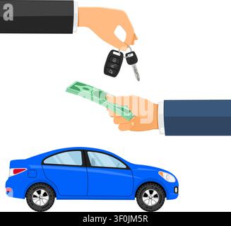 Purchase, Buy, Sharing or rental car concept with flat icons. car dealer gives keys to buyer. isolated vector illustration Stock Vector