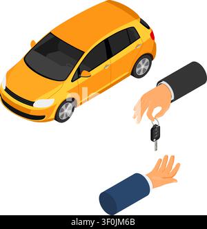 Buy, car sharing or rental car concept with isometric icons. hand holding keys. Auto carpool, shared for city trips. Isometric isolated vector illustr Stock Vector