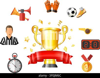 Soccer and Football Infographics in Realistic 3D and Flat Style with Award, Ball and Referee Icons. Vector Illustration. Stock Vector