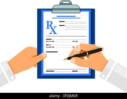Doctor writes prescription with pen on rx form on clipboard. Medical and healthcare concept. flat style icons. isolated vector illustration Stock Vector