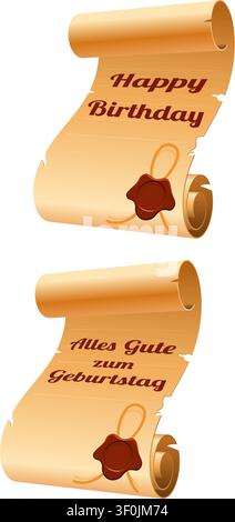 Old Scroll Paper with Sealing Wax and Happy Birthday, template for design Stock Vector