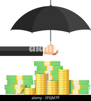 Agent Holding umbrella in hand and protects money. insurance safe concept. flat style icons. Isolated vector illustration Stock Vector
