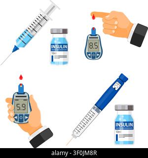 Diabetes banners. blood glucose meter and finger with blood drop. glucometer for diagnosis of diabetes. Insulin Pen Syringe and Vial. diabetes world d Stock Vector