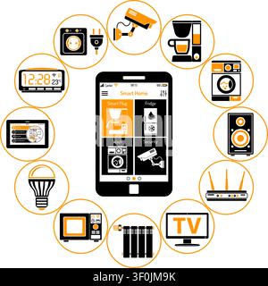Smart House and internet of things concept. smartphone controls smart home like microwave, loudspeaker, tv and security camera flat two color icons. i Stock Vector