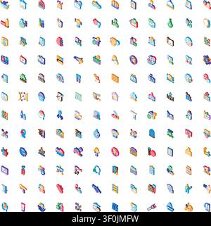 Collection of colorful isometric icons showcasing a wide range of diverse symbols and design elements, suitable for graphic design projects, user inte Stock Vector