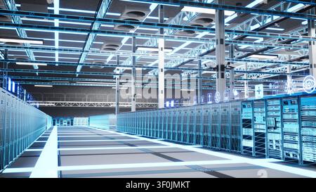 Blue wireframe 3D scan shows data processing equipment and supercomputers in a server room with VFX compositing for massive storage. Stock Photo