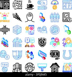 Set of diverse vector icons illustrating various business operations, digital media, financial concepts, social interactions, and daily lifestyle elem Stock Vector