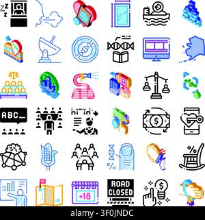 Set of vector icons illustrating a wide range of signs and symbols, covering different fields like communication, education, technology, and financial Stock Vector